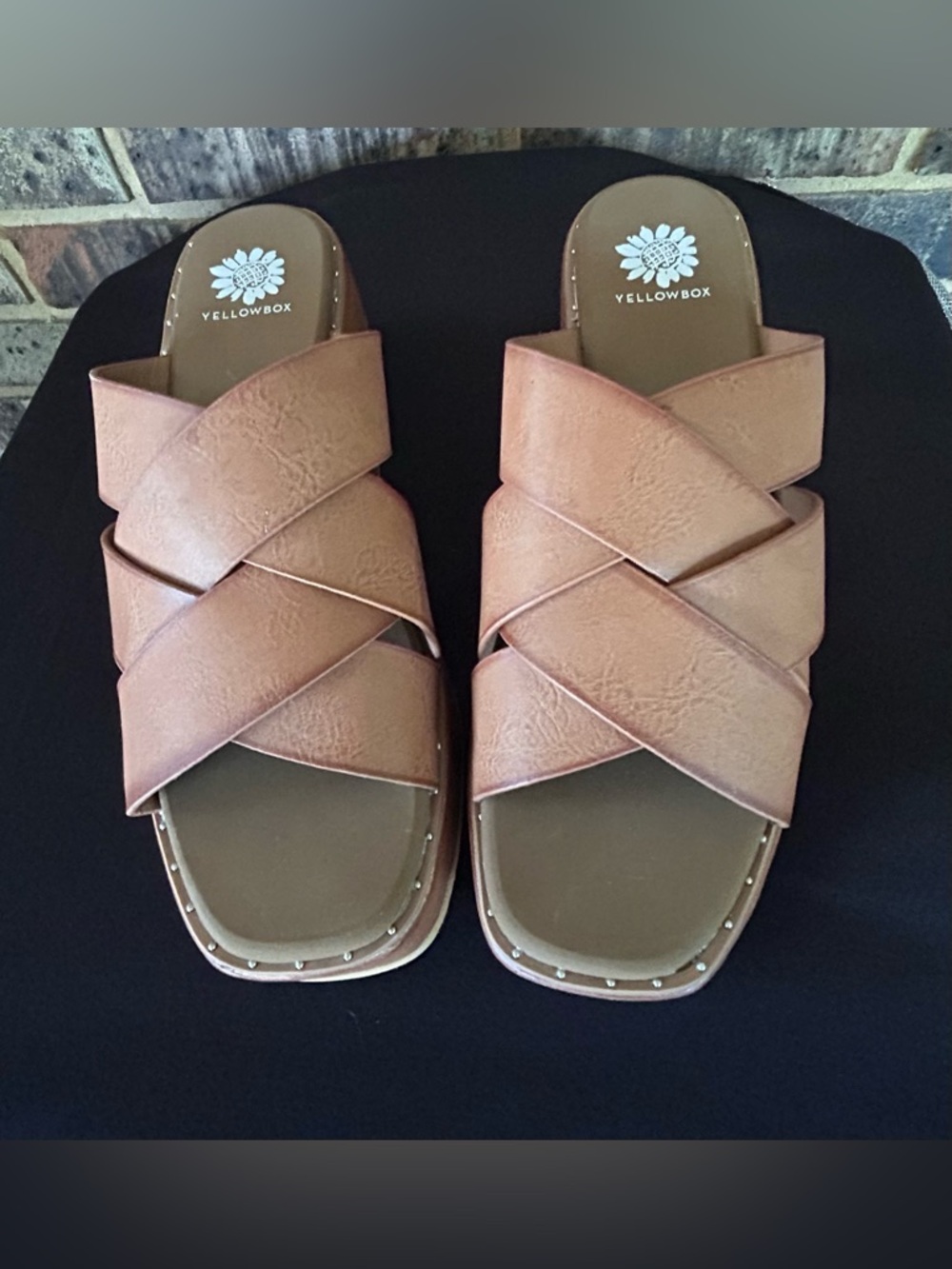 Yellow Box Women's Tan Crisscross Slide Sandals with Stud Trim